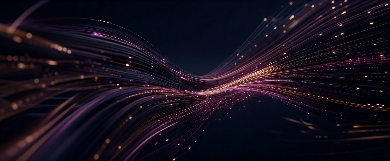 Wide abstract composition of glowing fiber cables sweeping across a dark background
